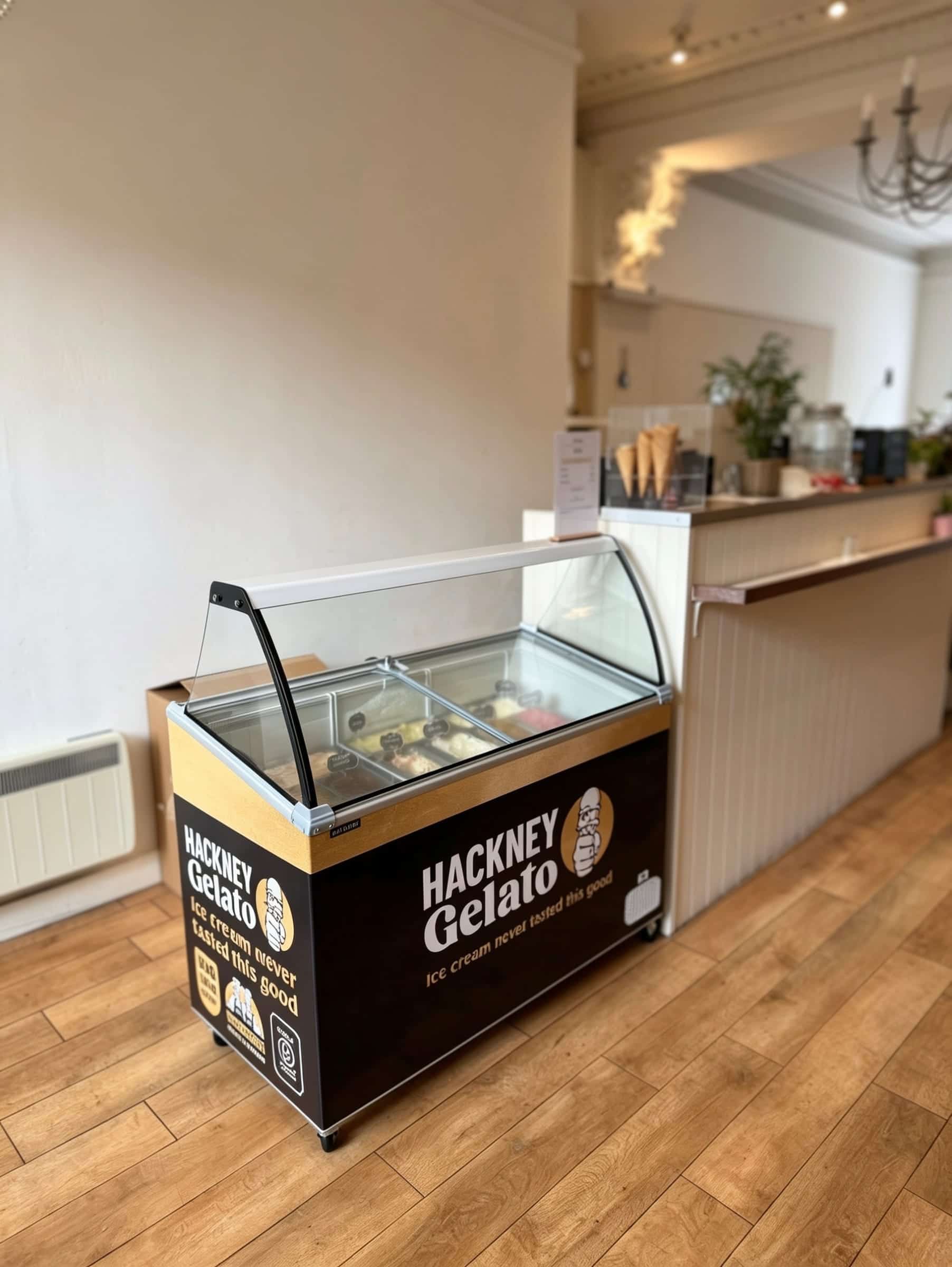 Ice cream and Hackney Gelato cabinet at Cafe Vera Morningside, Edinburgh — 9 Italian gelato and sorbetto flavours scooped fresh daily