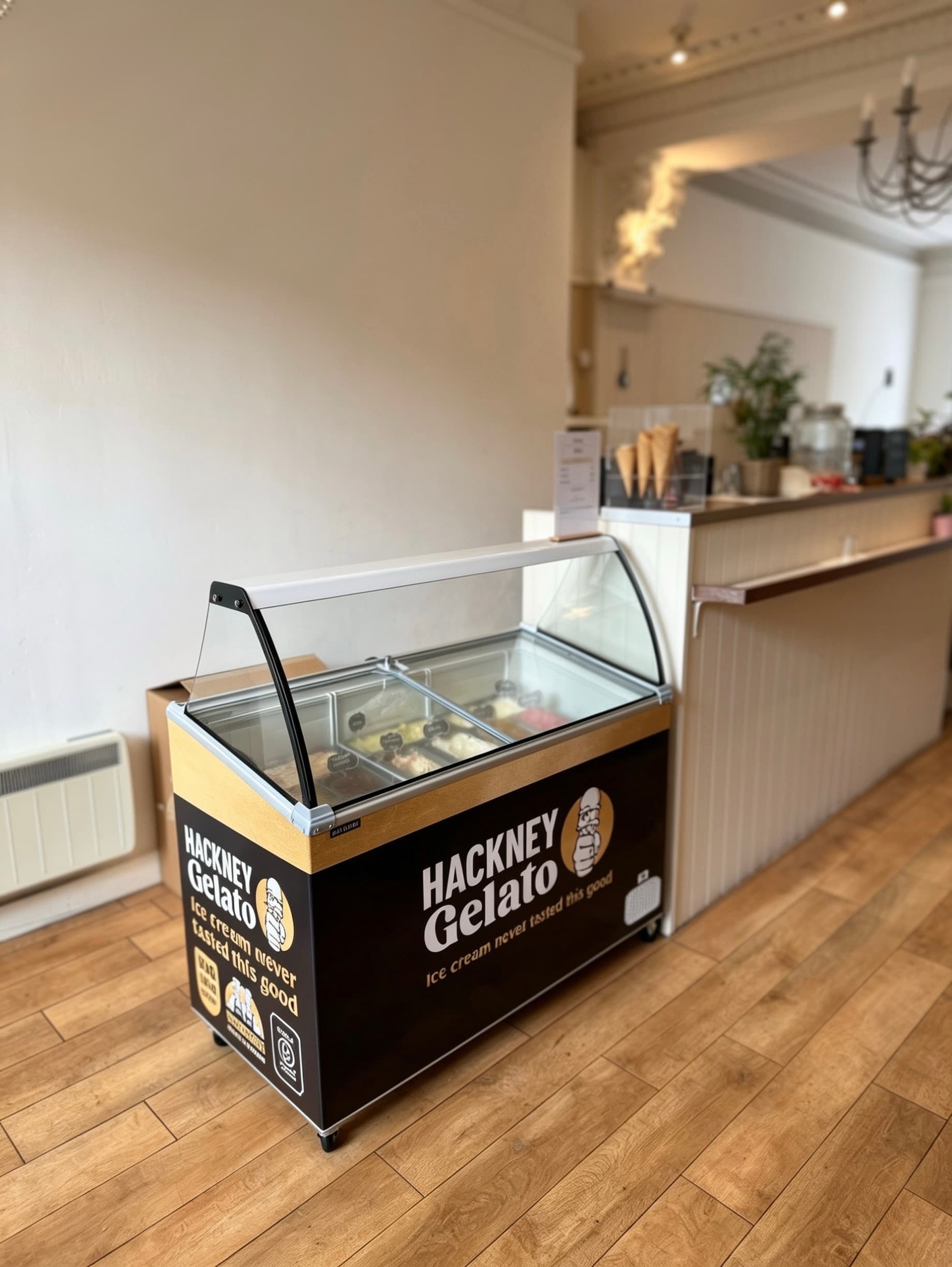 Hackney Gelato cabinet at Cafe Vera Morningside, Edinburgh — 9 Italian gelato and sorbetto flavours scooped fresh daily
