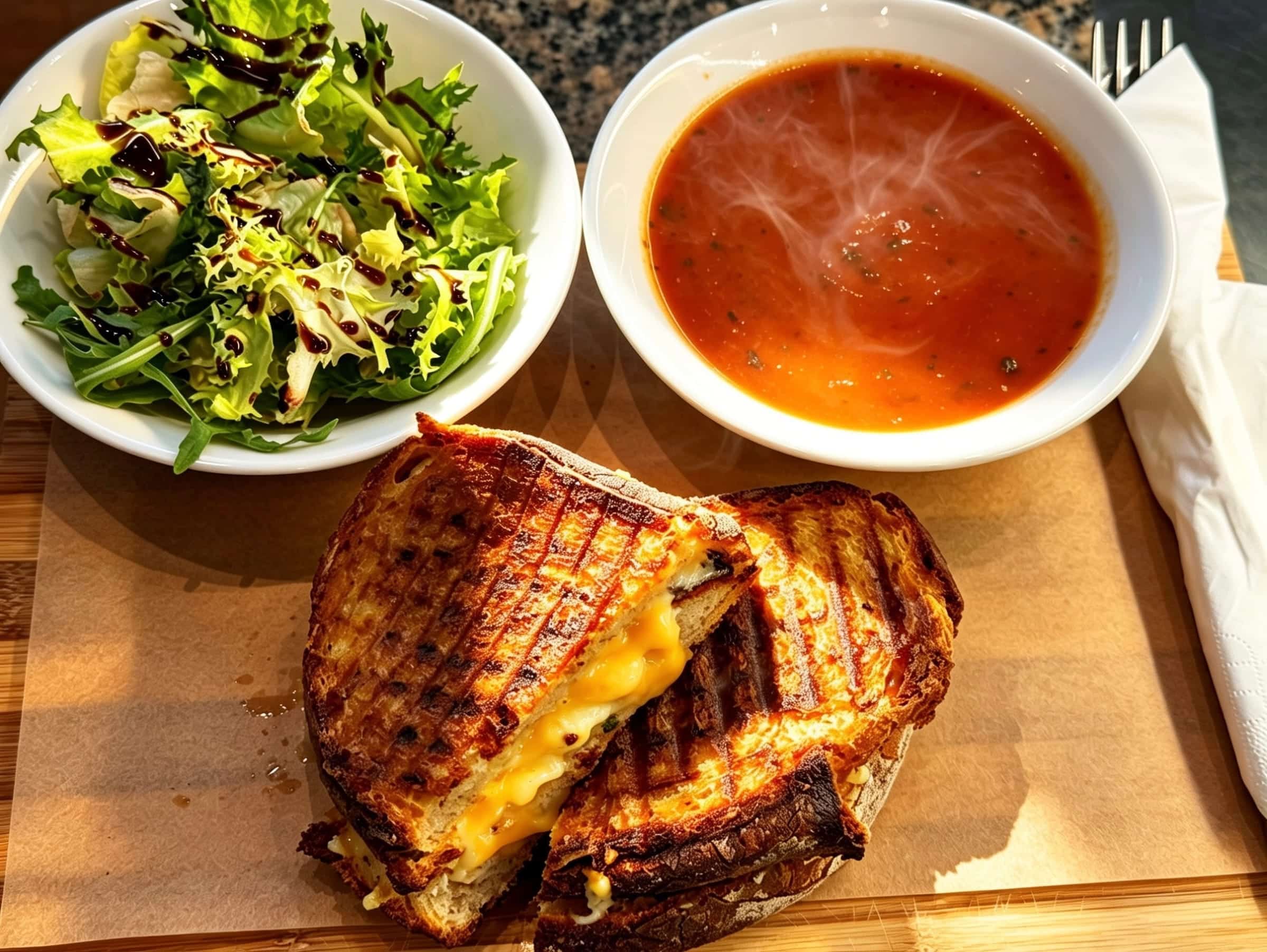 Sourdough toastie served with fresh side salad and tomato soup at Cafe Vera Morningside Edinburgh