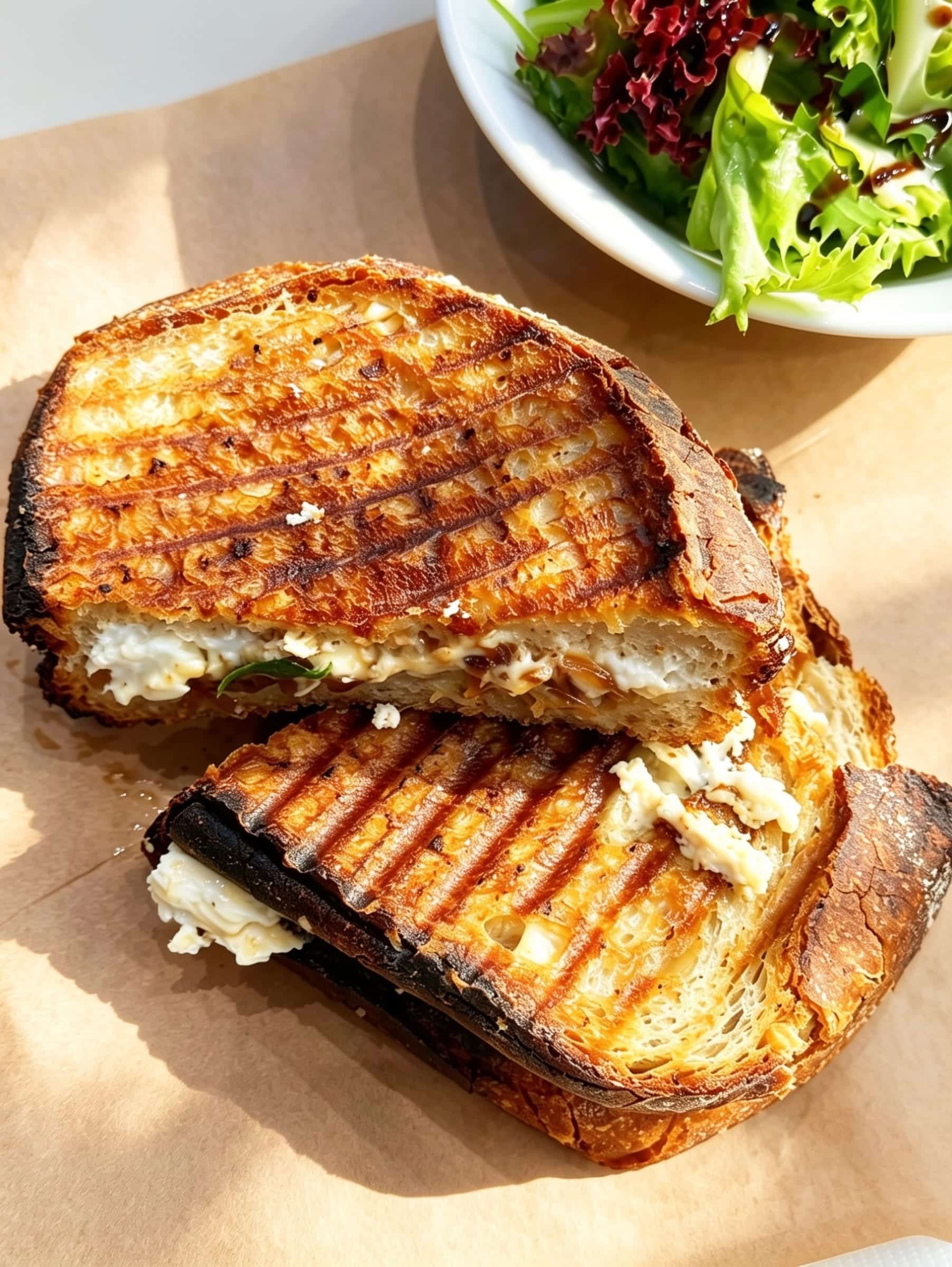 Artisanal sourdough toastie cut open with melted cheese and golden grilled crust, served with fresh salad at Cafe Vera Morningside Edinburgh